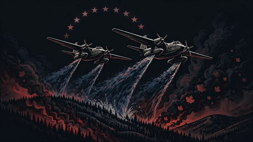 Editorial illustration of Canadian-made water bombers dropping water over a wildfire, the joint fleet proposed in the draft EU-Canada summit statement