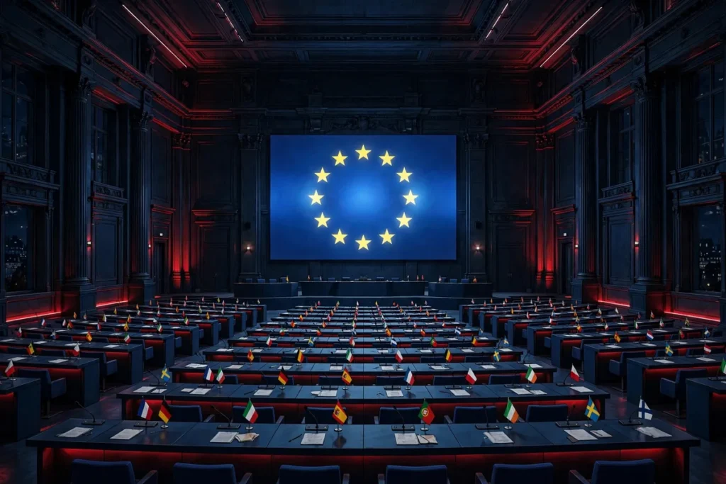 Illustration of a European council chamber in Brussels ahead of the October 12, 2026 foreign ministers' vote on Russia sanctions
