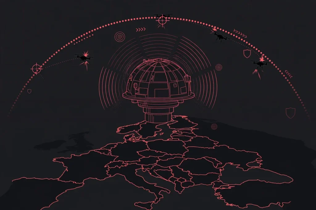 European drone defence wall over Eastern Europe, symbolic illustration