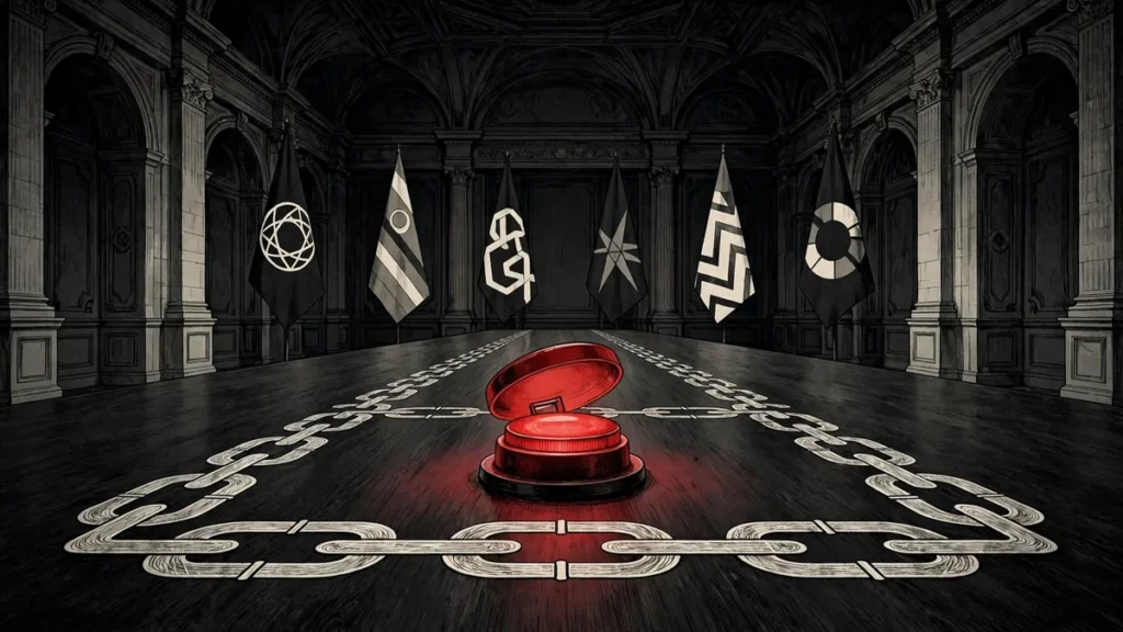 AI-generated illustration of a diplomatic conference hall with an emergency alarm button — EU weighs a NATO-style emergency security protocol for hybrid threats