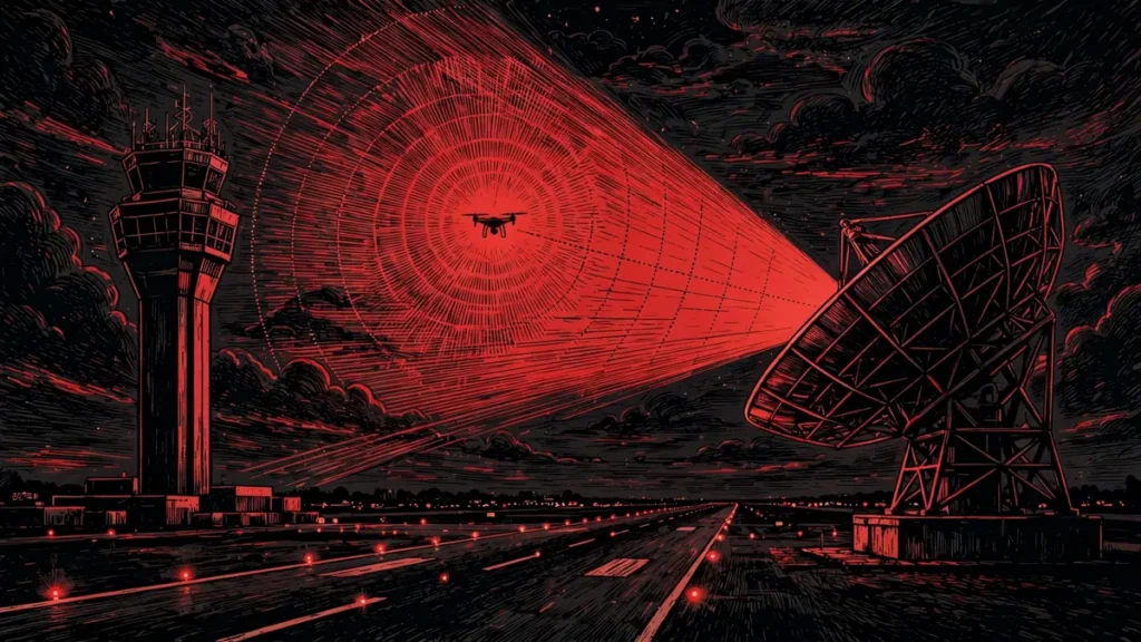 Drone caught in a radar sweep over a European airport at night, illustrating the drone incursions driving the EU emergency security protocol debate