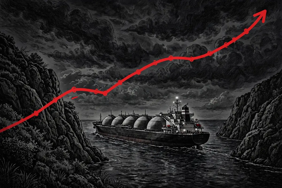 LNG tanker sailing through a narrow strait beneath a rising red price line, illustrating Europe's gas supply squeeze in October 2026