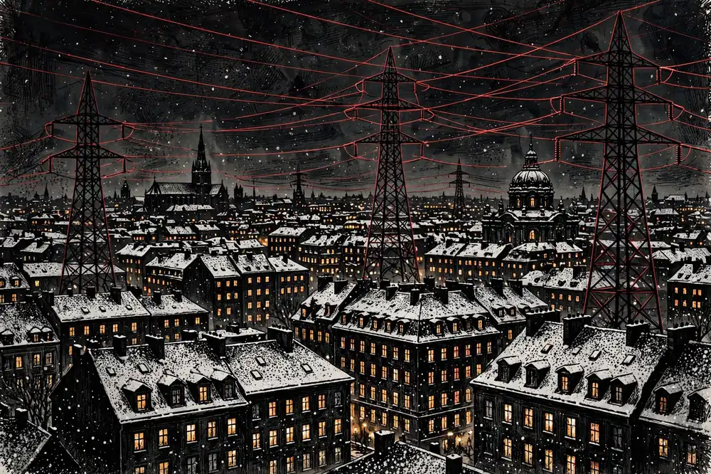 European city skyline at winter dusk with glowing windows and red electricity transmission lines, illustrating the October 2026 heating-bill debate