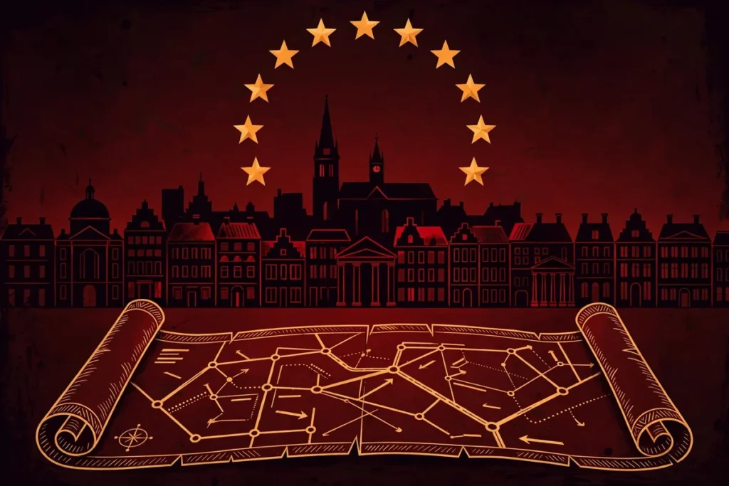 Editorial illustration of a European city skyline under a circle of EU stars with an accession roadmap scroll, ahead of the October 15-16 European Council summit