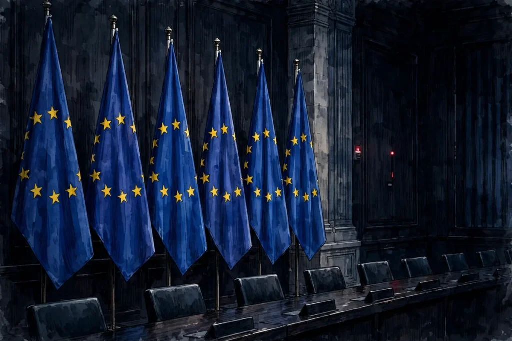 EU flags in Brussels conference hall — Europe responds to Russia hybrid attacks