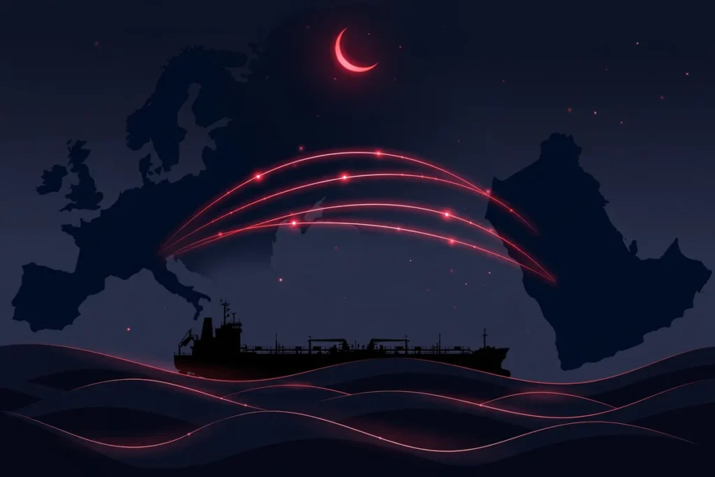 Oil tanker and trade route arcs between the Arabian Gulf and Europe ahead of the EU-GCC summit 2026