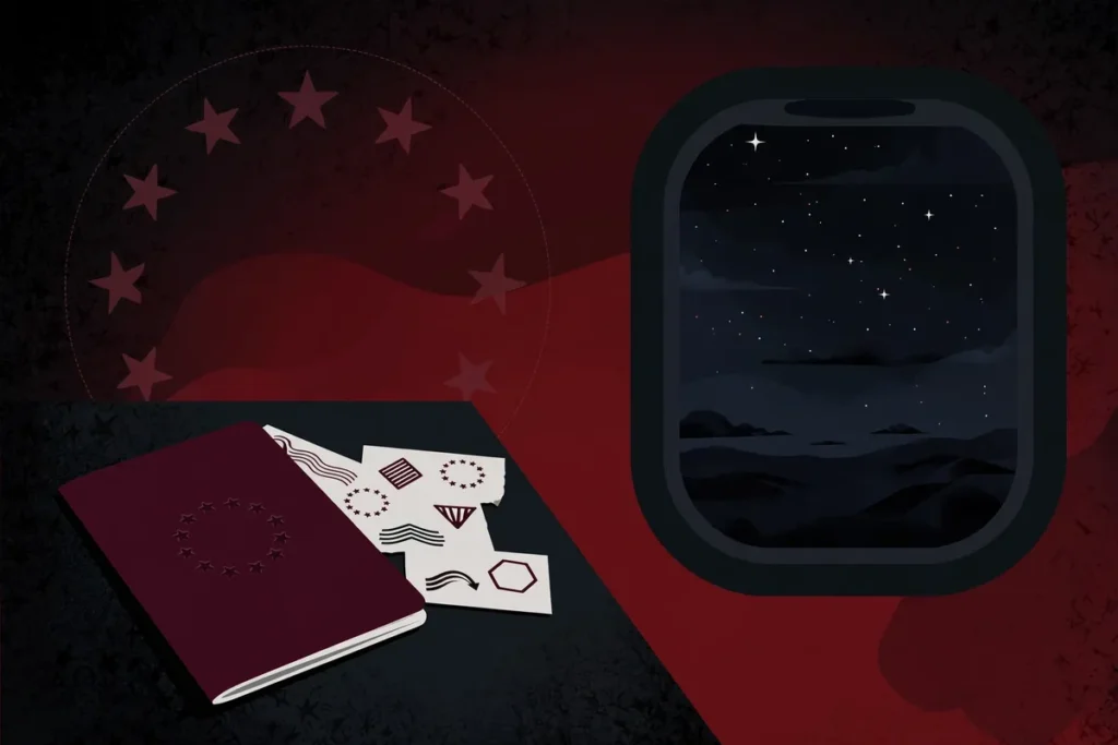 Passport and airplane window illustrating the expected EU-GCC summit 2026 Schengen visa waiver discussion