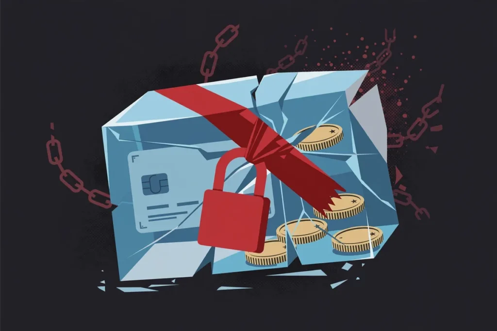 EU Russia sanctions October 2026: asset freeze illustration showing a bank card and coins locked in ice