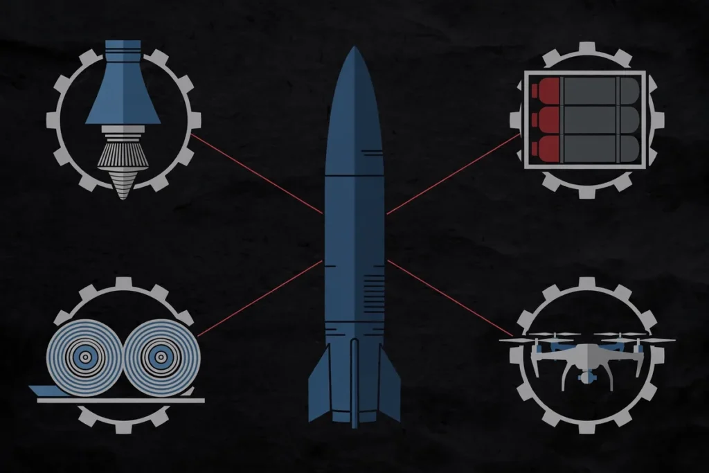 Infographic illustration of a ballistic missile supply chain: rocket engine, fuel canisters, carbon fibre and drones — targets of the EU's 1,646 Russia sanctions listings