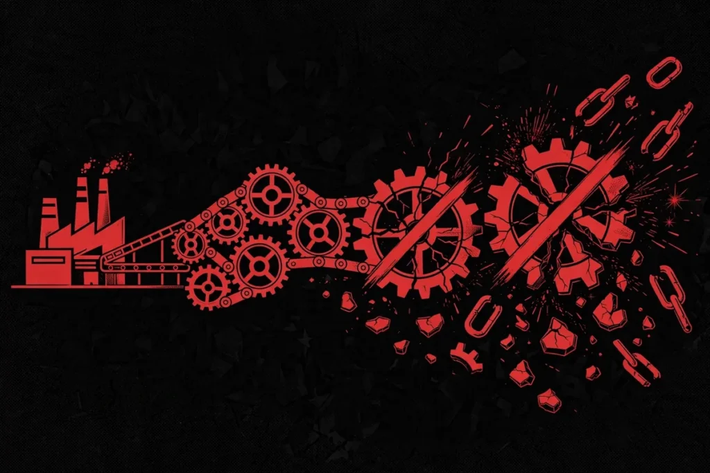 EU 1,646 Russia sanctions listings targeting the military-industrial supply chain, illustrated with broken gears