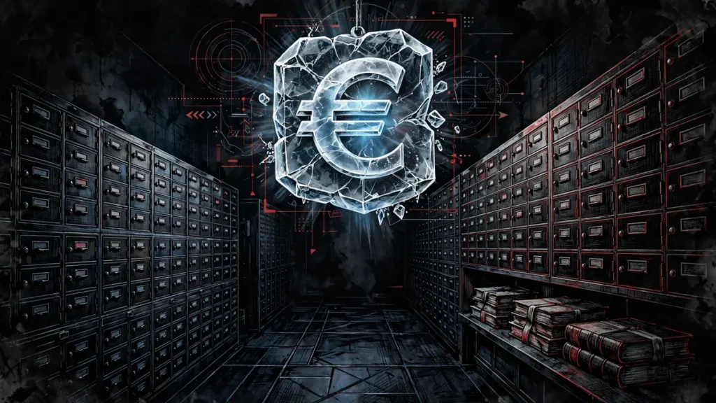 Euro symbol frozen in ice inside a financial depository vault, illustrating immobilized Russian central bank assets at Euroclear
