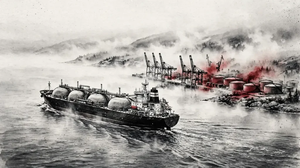 European Gas Over €100: What the Winter Price Shock Means 1 LNG carrier sailing toward a northern European port in fog