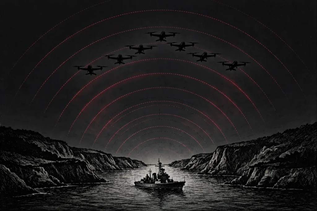 CENTCOM Task Force Falcon Strike multinational drone unit silhouettes over the Strait of Hormuz
