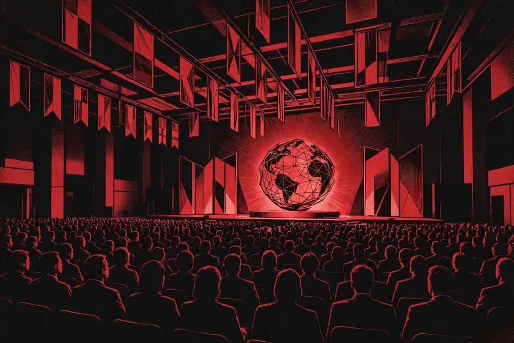 AI-generated editorial illustration of a global investment summit conference hall with a glowing globe sculpture on stage, ahead of FII Riyadh 2026