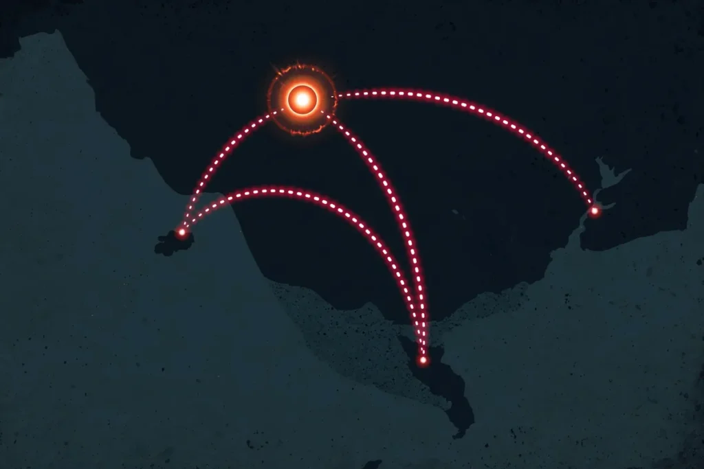 AI-generated stylised map illustration of reported alternative travel routes into Riyadh via Gulf cities, ahead of FII Riyadh 2026