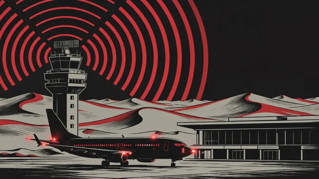 Airport control tower with grounded aircraft, illustrating disrupted air travel after Houthi missile strikes on Riyadh airport