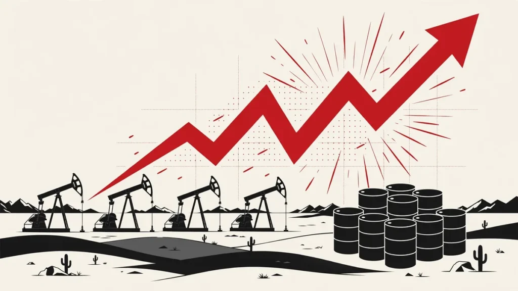 Oil pumpjacks and barrels with rising price arrow illustrating Brent crude above $110 after Houthi attacks on Saudi Arabia