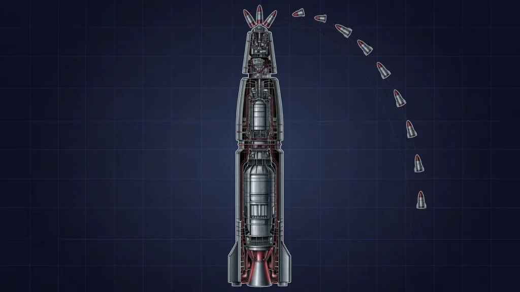 Technical illustration of a three-stage submarine-launched ballistic missile like the France M51.3 missile