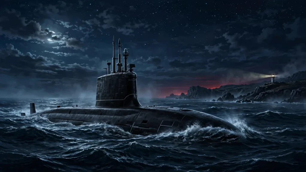 France M51.3 nuclear missile explainer: ballistic missile submarine on night patrol in the North Atlantic