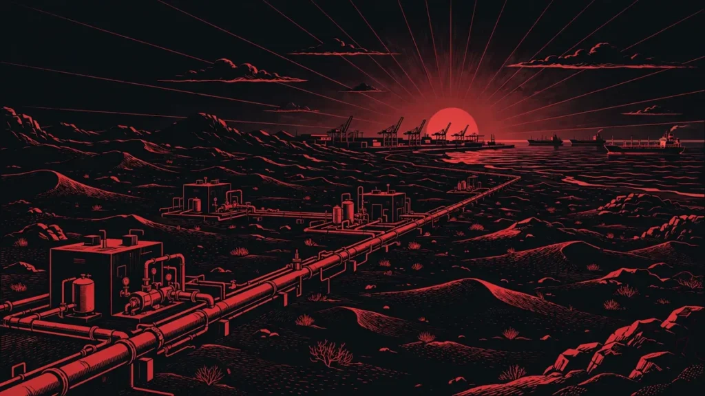 Oil pipeline running across desert terrain toward a Red Sea port at sunset, illustrating Saudi Arabia's East-West pipeline to Yanbu