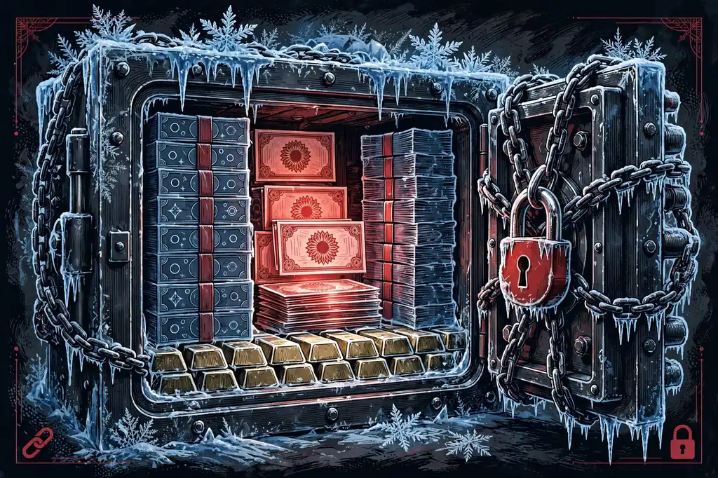 Frozen Russian central-bank assets held in Europe, symbolic illustration