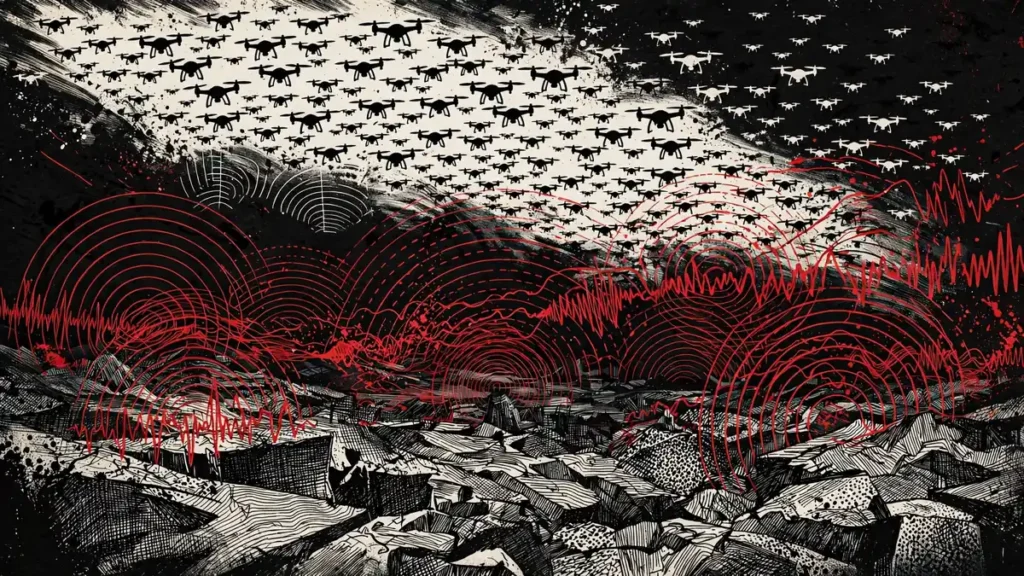 Future war AI: drone swarm over dark battlefield with radar arcs, editorial illustration