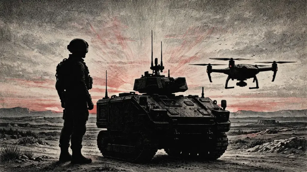 Future war AI: soldier with robotic vehicle and drone, editorial illustration