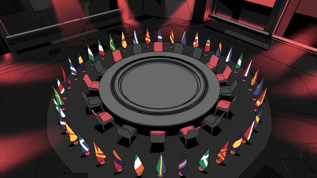Editorial illustration of a G20-style diplomatic roundtable with national flags in a summit hall