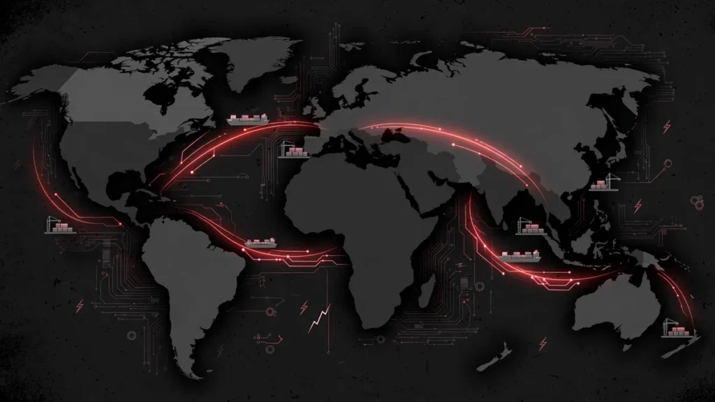 Editorial illustration of global trade routes and supply chains linking G20 economies