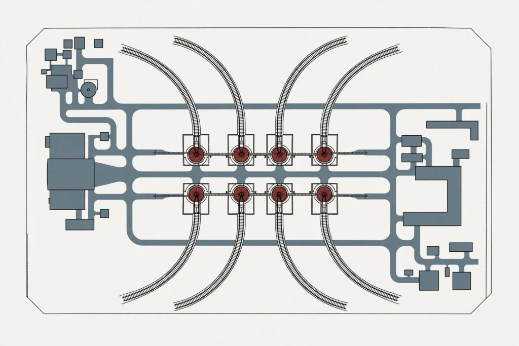 Geran-4 and Geran-5 jet drone base explained: stylized diagram of a launch facility with eight launch pads