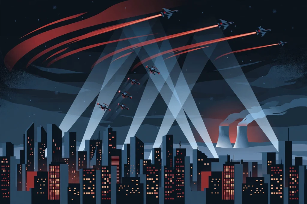 Geran-4 and Geran-5 jet drones explained: interceptor drones climbing toward fast jet trails over a city at night