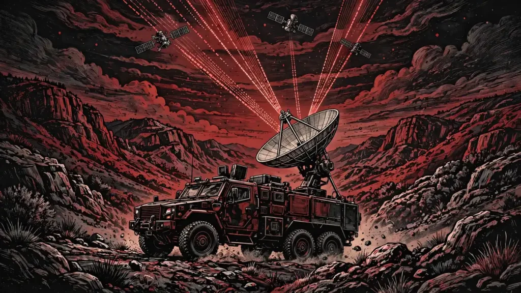 Global MilSatCom 2026: Inside London's Military Satcom Summit 1 Military vehicle with satellite dish linking to satellites over rugged terrain at Global MilSatCom 2026