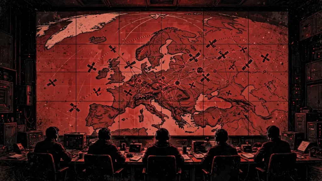 Global MilSatCom 2026: Inside London's Military Satcom Summit 2 Satellite operations control room with orbital network map over Europe at Global MilSatCom 2026