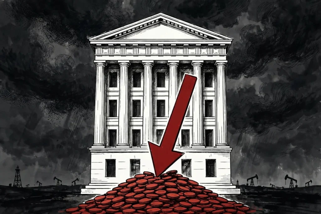 Central bank building with a rising red interest rate arrow pressing down on gold coins — AI-generated editorial illustration