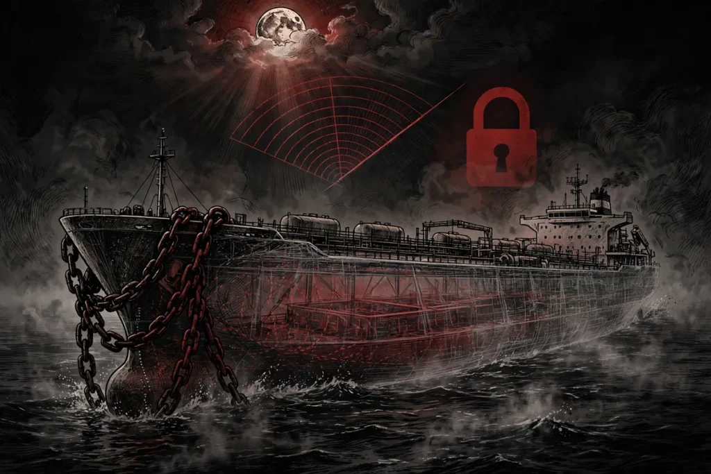 Editorial illustration of a shadow fleet oil tanker under sanctions pressure, Graham Act sanctions explained