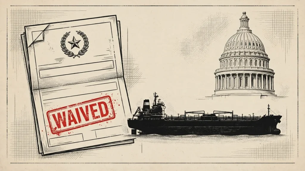 Graham Act waiver sanctions explained: symbolic waived sanctions document with oil tanker and capitol outline