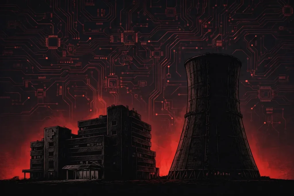 What is Gunra ransomware - hospital and power plant under cyber threat illustration
