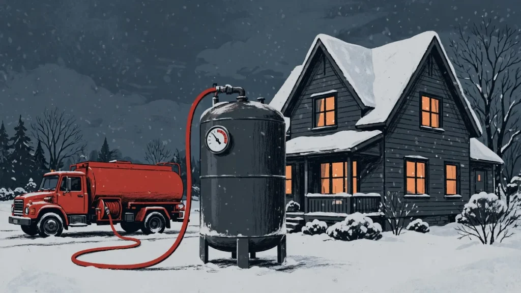 Fuel delivery truck refilling a home heating oil tank in the snow