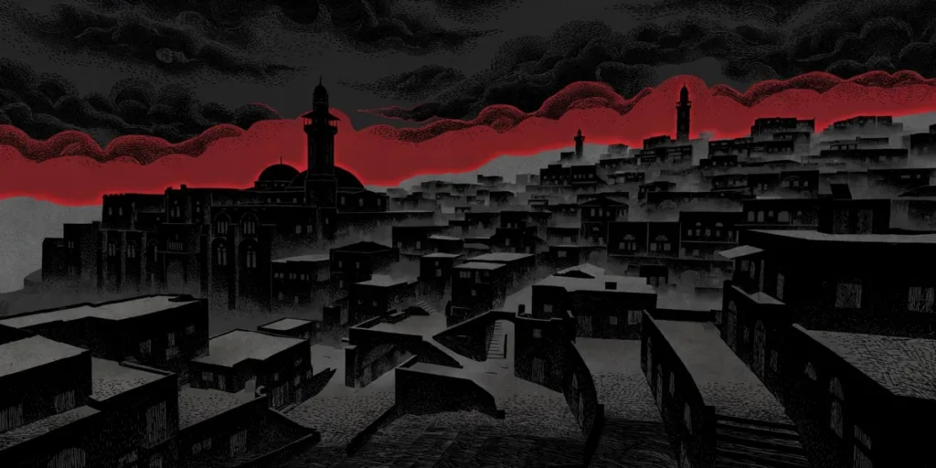 Editorial illustration of Hebron's old city rooftops at dawn during the October 2026 West Bank lockdown