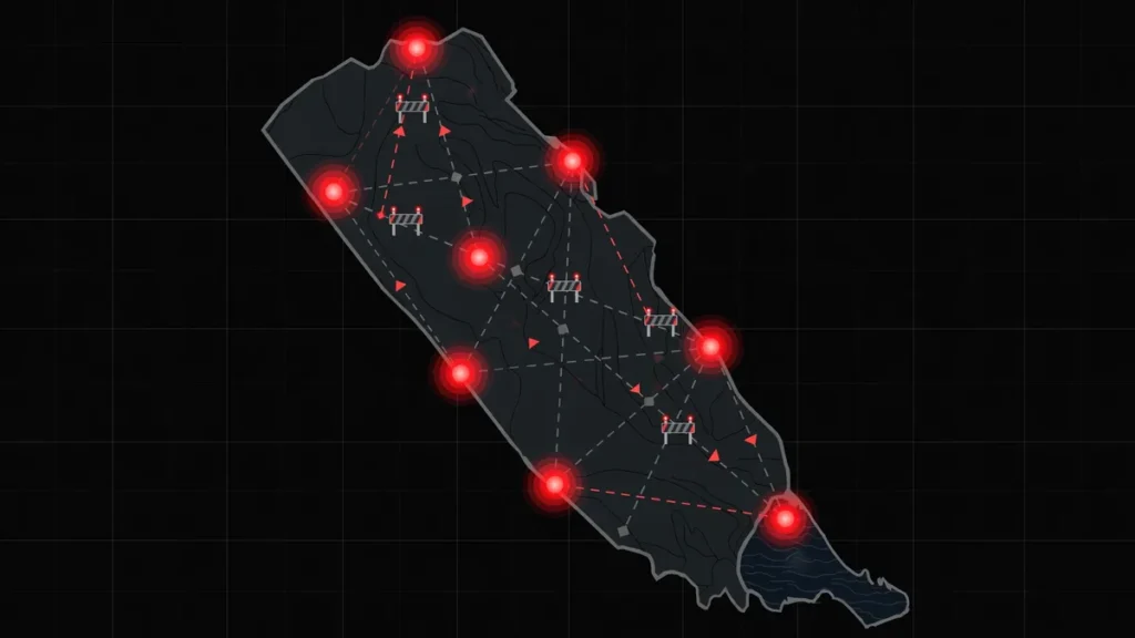 Stylized infographic map of West Bank closure points during the October 2026 lockdown