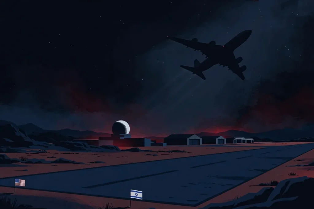 Hegseth Israel visit — night scene of a desert air base with tanker aircraft silhouette and US and Israeli flags