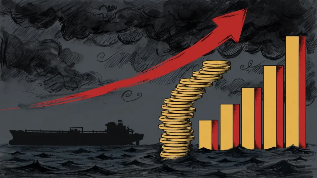 Hormuz blockade shipping costs: tanker silhouette with soaring cost bars and stacked coins