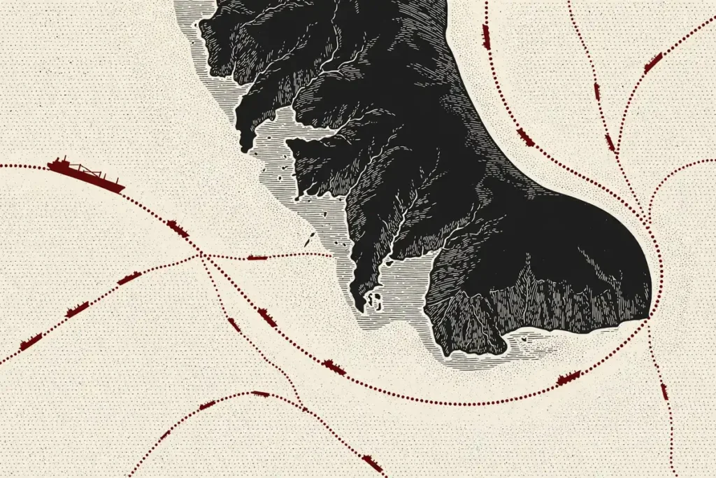 Stylised maritime map showing a tanker route curving around a cape with dotted sea lanes