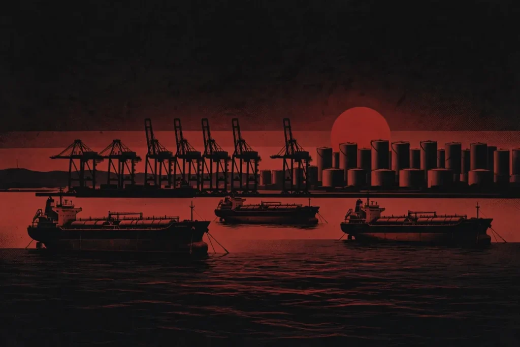 Oil tankers anchored near a busy Gulf port with cranes and storage tanks in silhouette