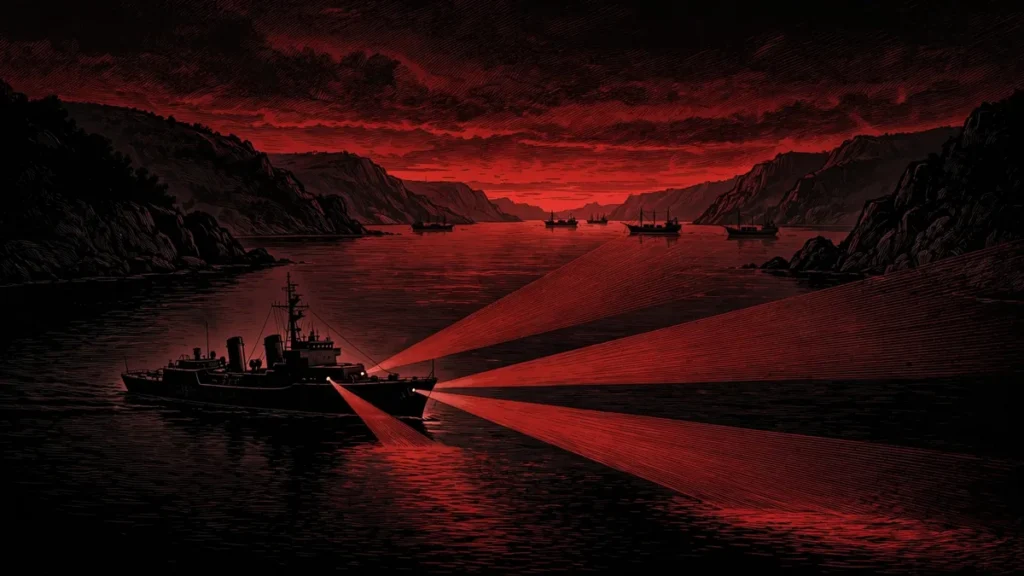 Illustration of a naval patrol vessel monitoring the Strait of Hormuz under the US blockade of Iran