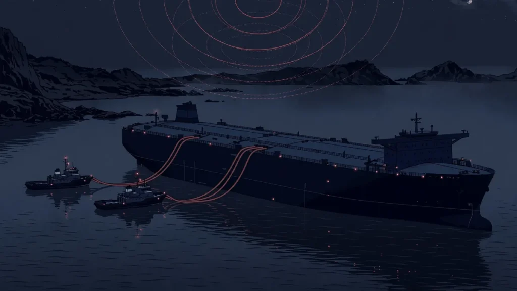 Night ship-to-ship oil transfer at anchorage: small shuttle vessels alongside a VLCC supertanker