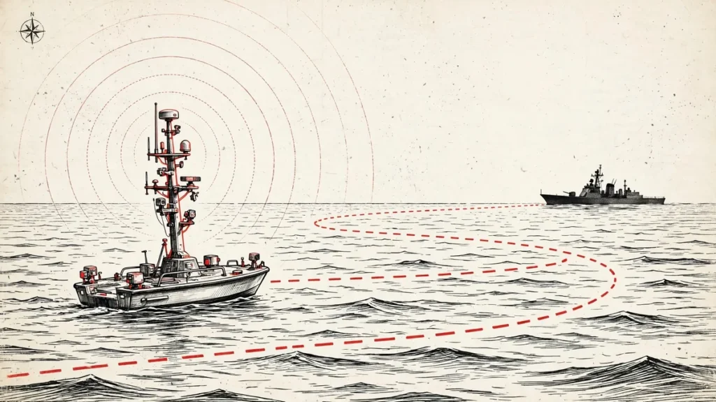 Hormuz sea-drone patrol: editorial illustration of an unmanned surface vessel on patrol at sea