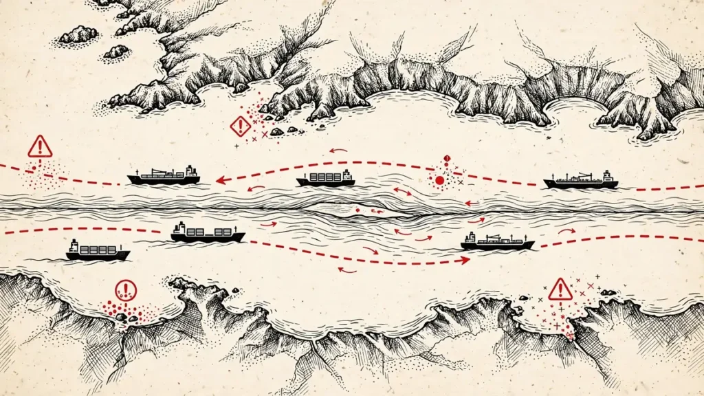 Hormuz shipping lanes: editorial illustration of a symbolic maritime traffic map of the Strait of Hormuz