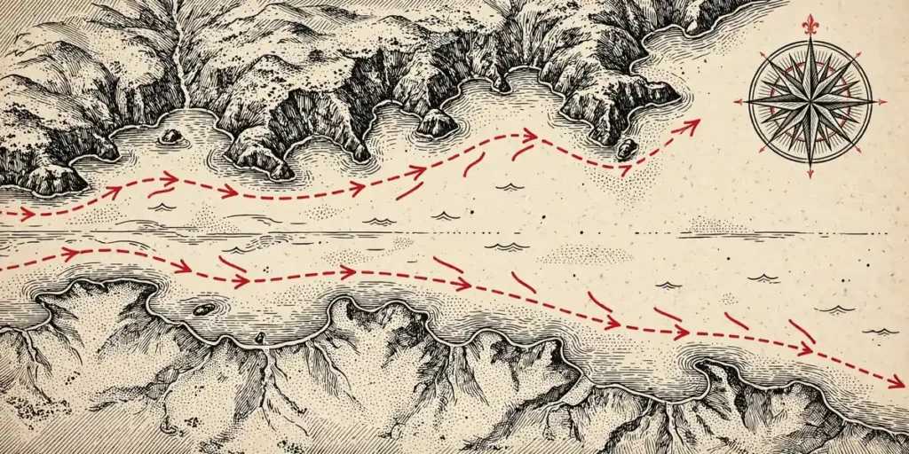 Stylised chart of competing shipping routes through the Strait of Hormuz