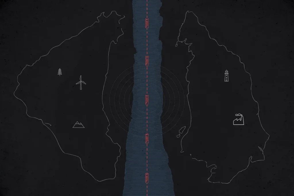 Editorial map of the Strait of Hormuz shipping lane and oil tanker routes